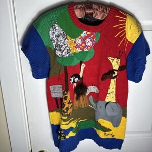 Raquel Jungle Animal Sweater L Peru Handmade Colorful 3D‎ Giraffe Elephant Lion